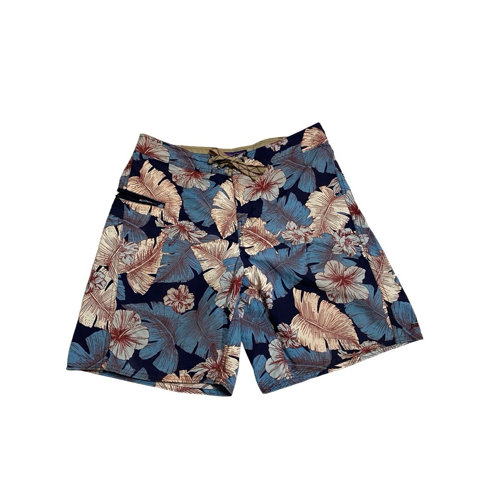 Patagonia Wavefarer Board Shorts Mens 32 Swim Trunks Blue Hibiscus Floral Nylon